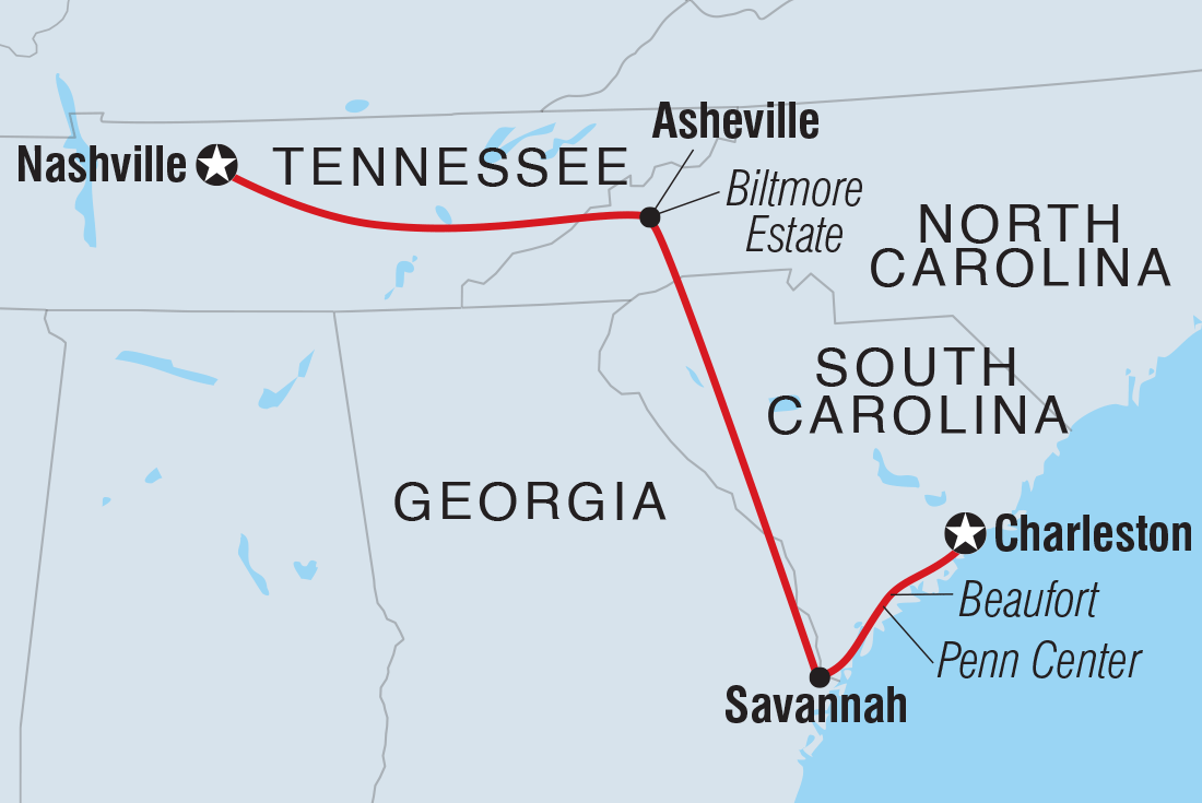Southern Heritage: Charleston to Nashville Itinerary Map