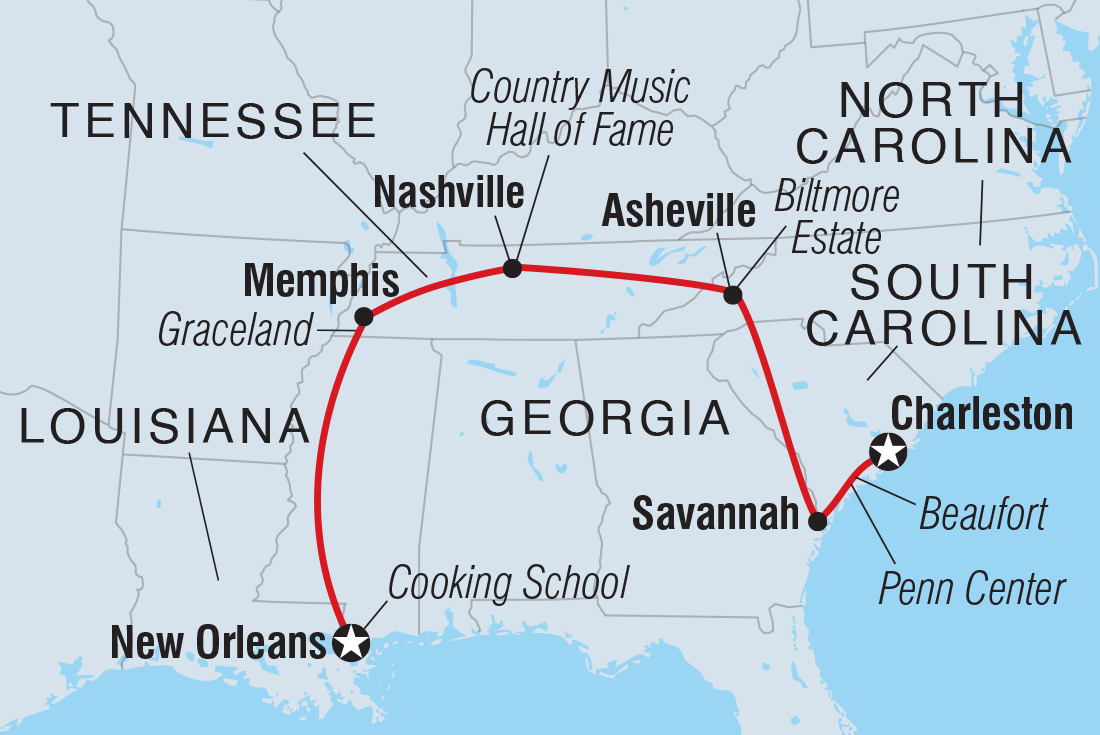 Best of the South: Charleston to New Orleans Itinerary Map