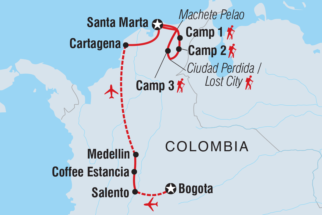 Colombia Adventure & Lost City Trek route map