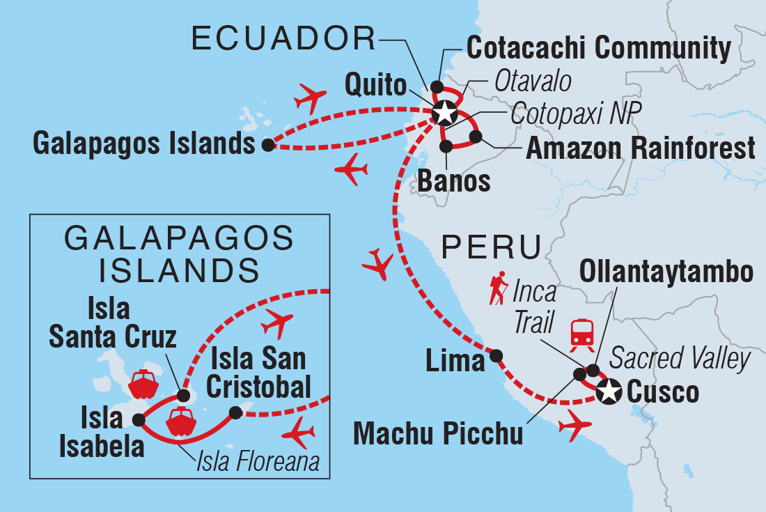 Ecuador, Galapagos & Peru Explorer Itinerary Map