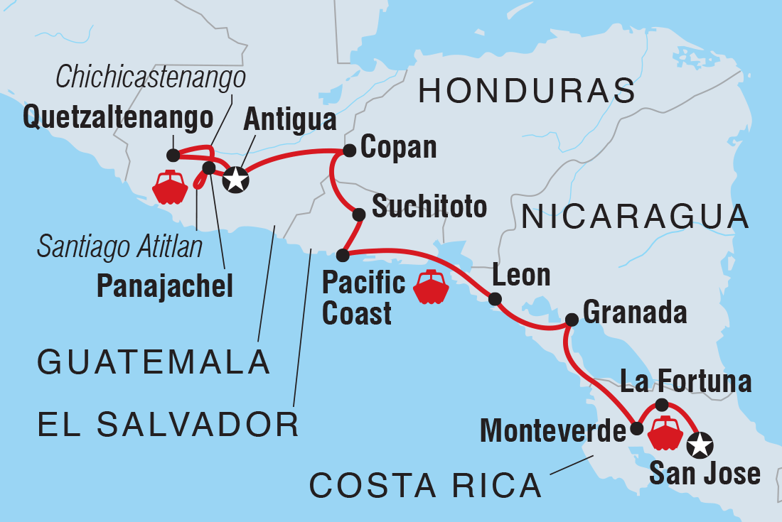 Central American Highlights Itinerary Map