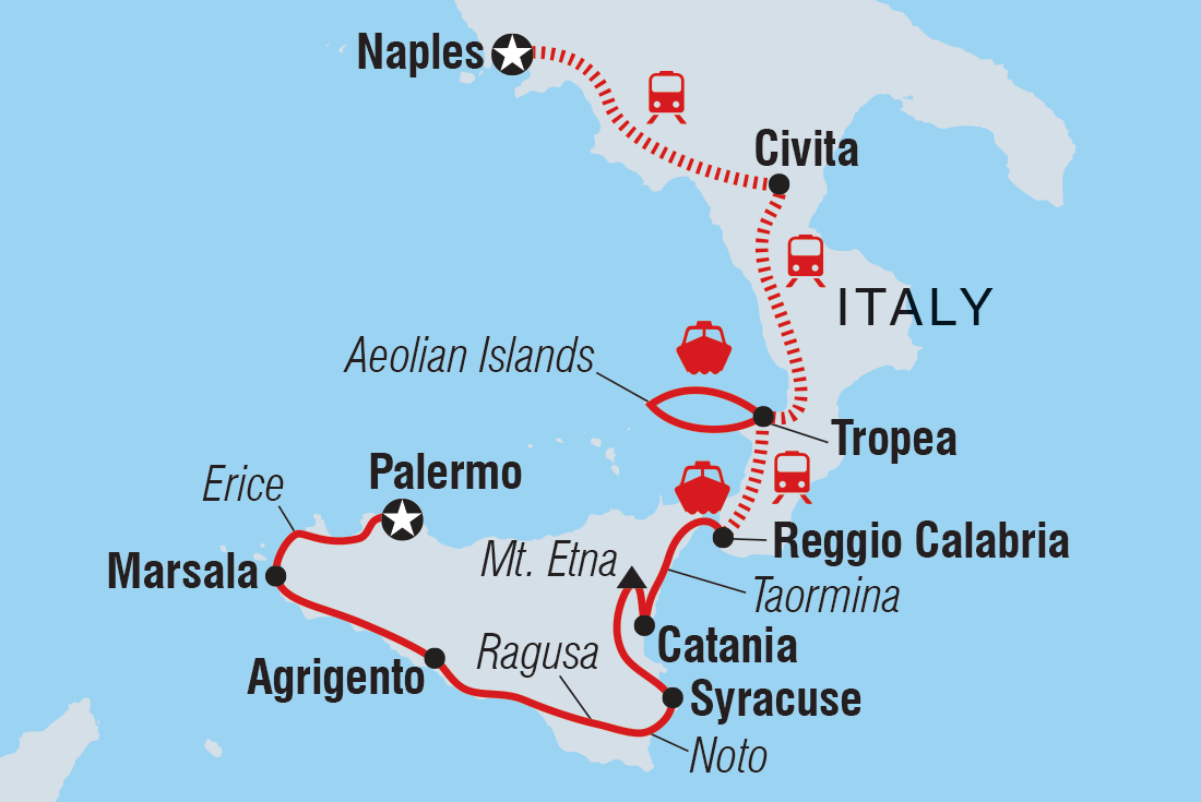 Highlights of Calabria, Mount Etna & Sicily Itinerary Map