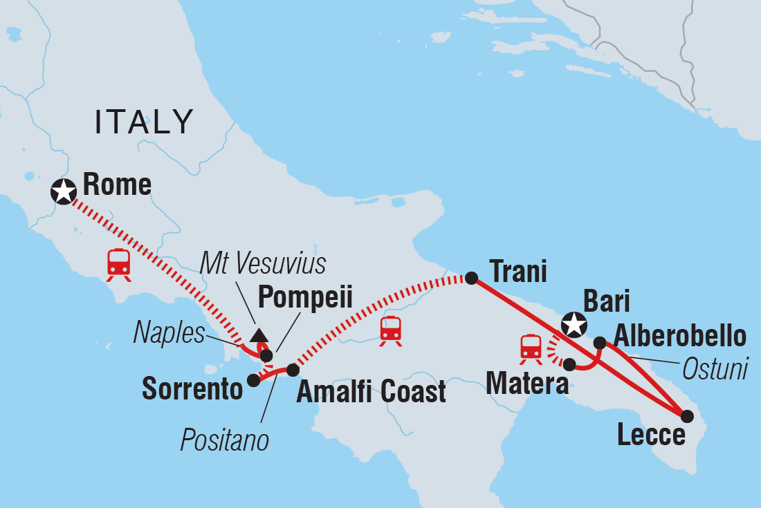 Rome to Southern Italy: Amalfi & Puglia route map