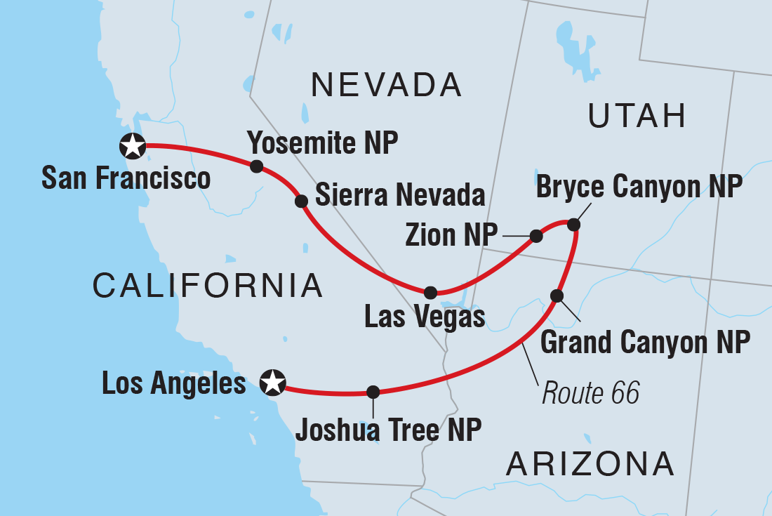 18 to 35s Real San Francisco to LA Itinerary Map