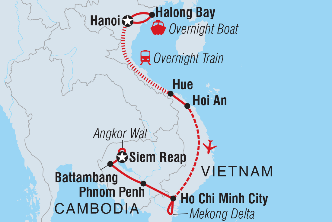 Vietnam & Cambodia Highlights: Hanoi to Siem Reap Itinerary Map