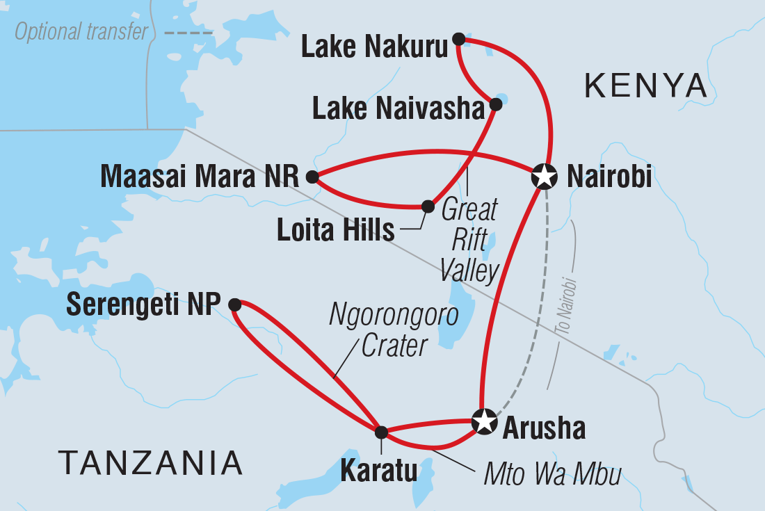 Kenya and Tanzania Family Safari Itinerary Map