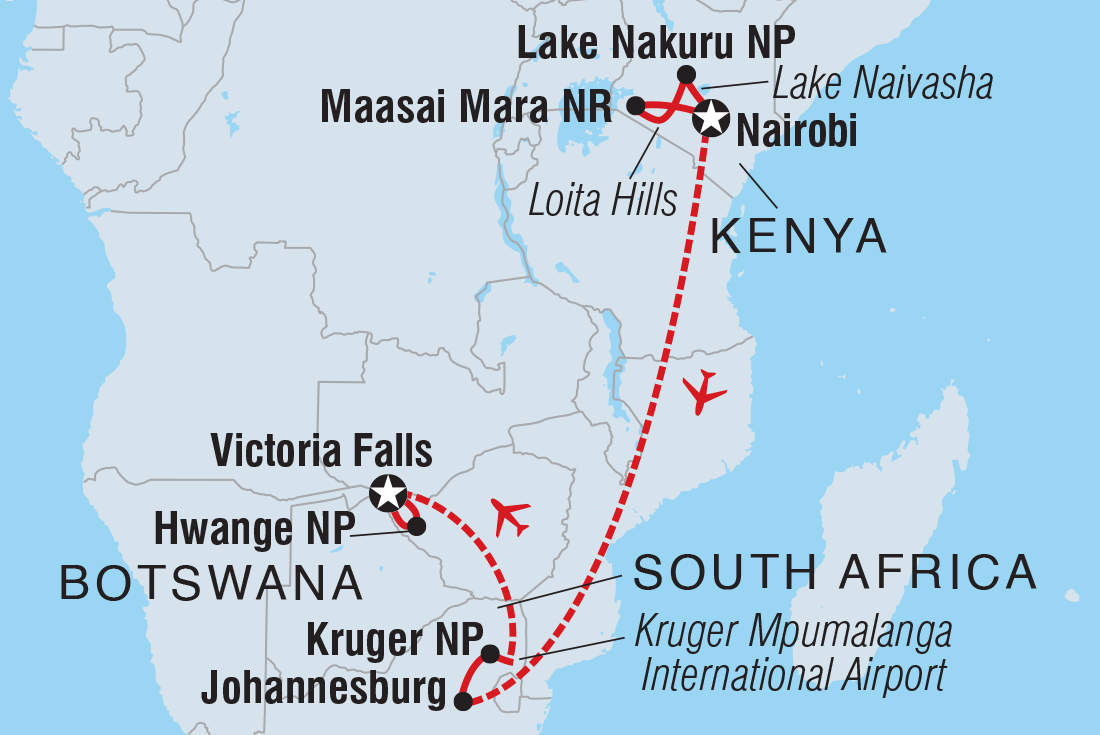 Premium Kenya & Southern Africa Highlights Itinerary Map