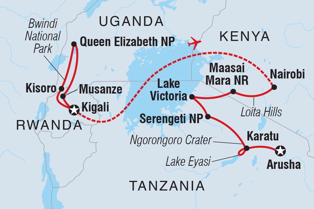Gorillas & East Africa Safari Itinerary Map