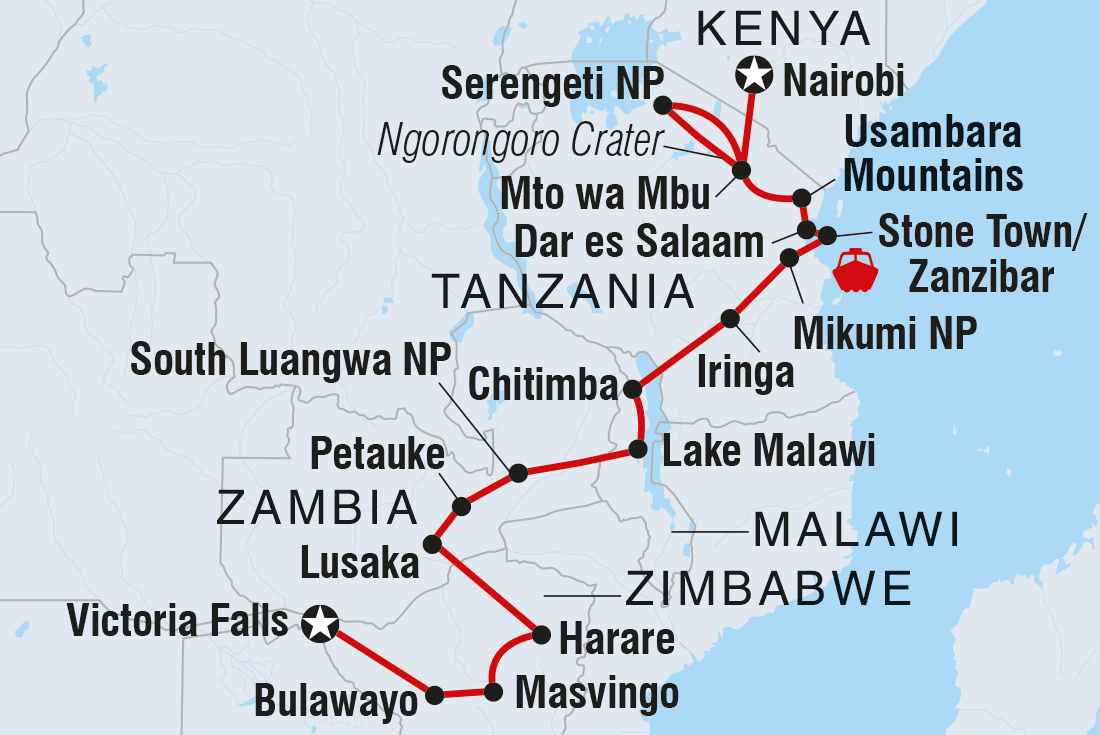 Kenya to Vic Falls route map