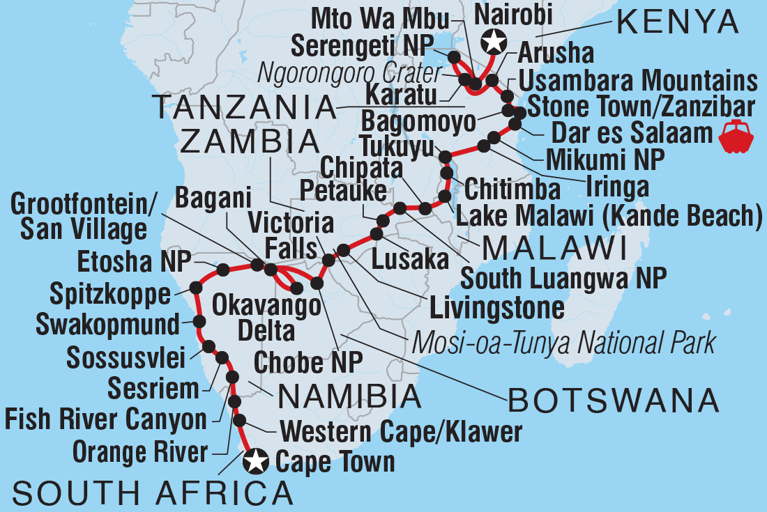 Cape Town to Kenya Itinerary Map