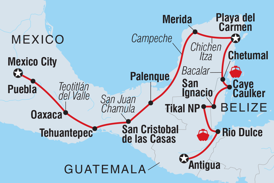 Mexico City to Guatemala Itinerary Map