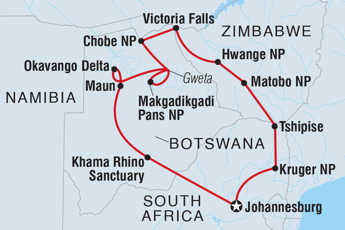 18 to 35s Real Southern Africa Itinerary Map