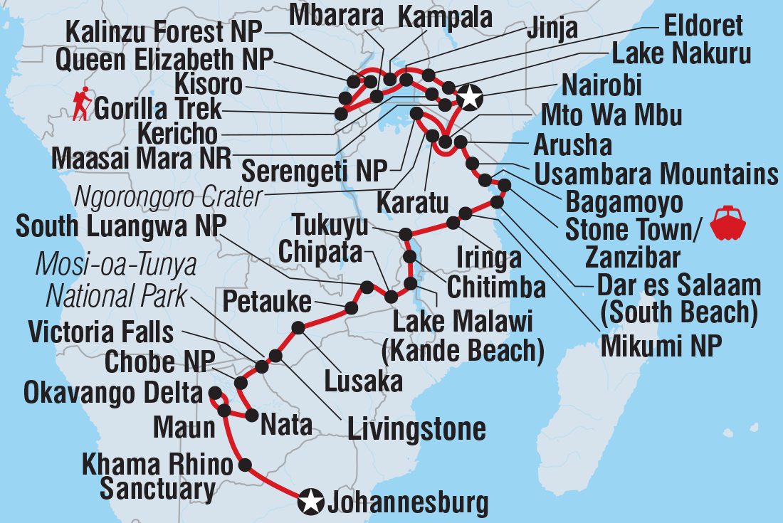 Johannesburg to Gorillas Itinerary Map