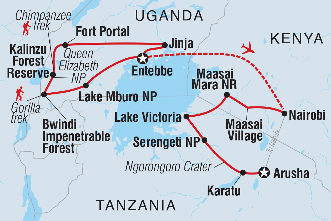 18 to 35s Epic East Africa: Gorillas, Chimps and Safaris route map