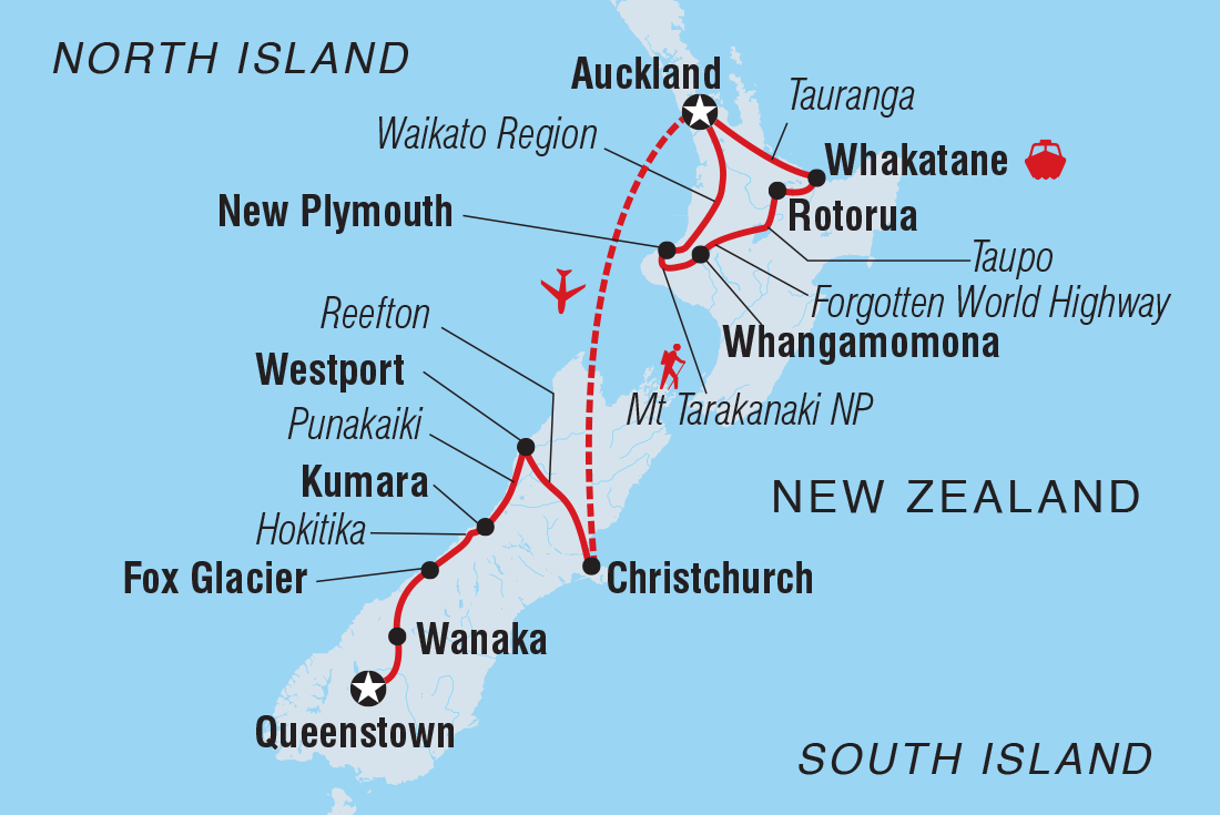 New Zealand North & South route map